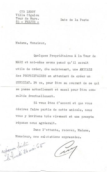 MAI 1965 : lettre adressée aux habitants du lotissement de lla Tour de Mare